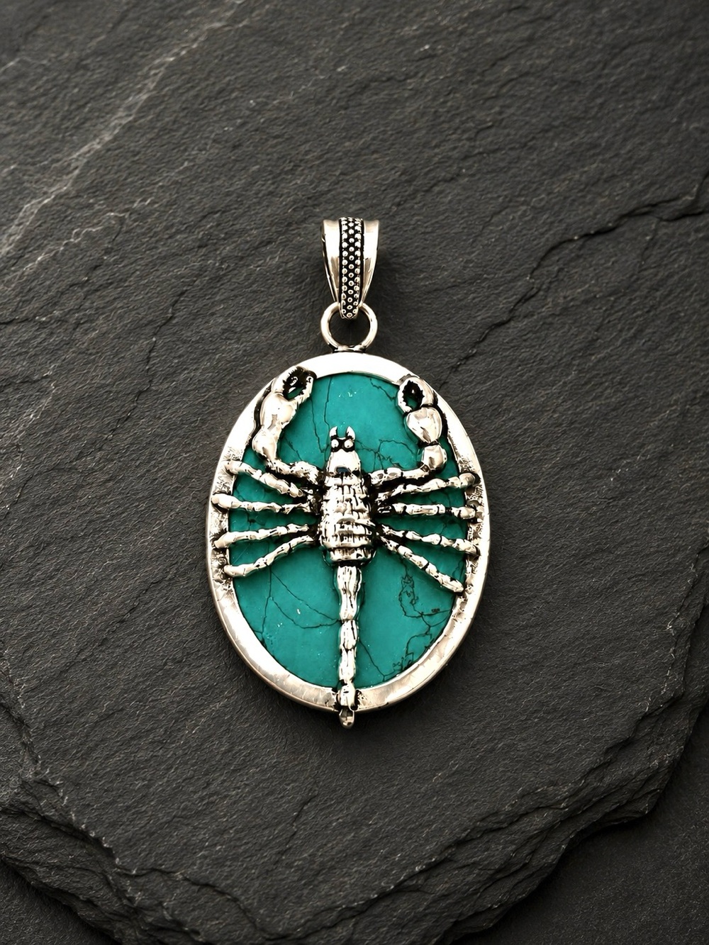 Handcrafted Turquoise Silver Scorpion 2.4” Pendant